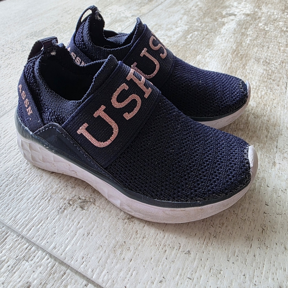 US polo toddler Girls size 5 slip on navy pink tennis shoes sneakers stretch